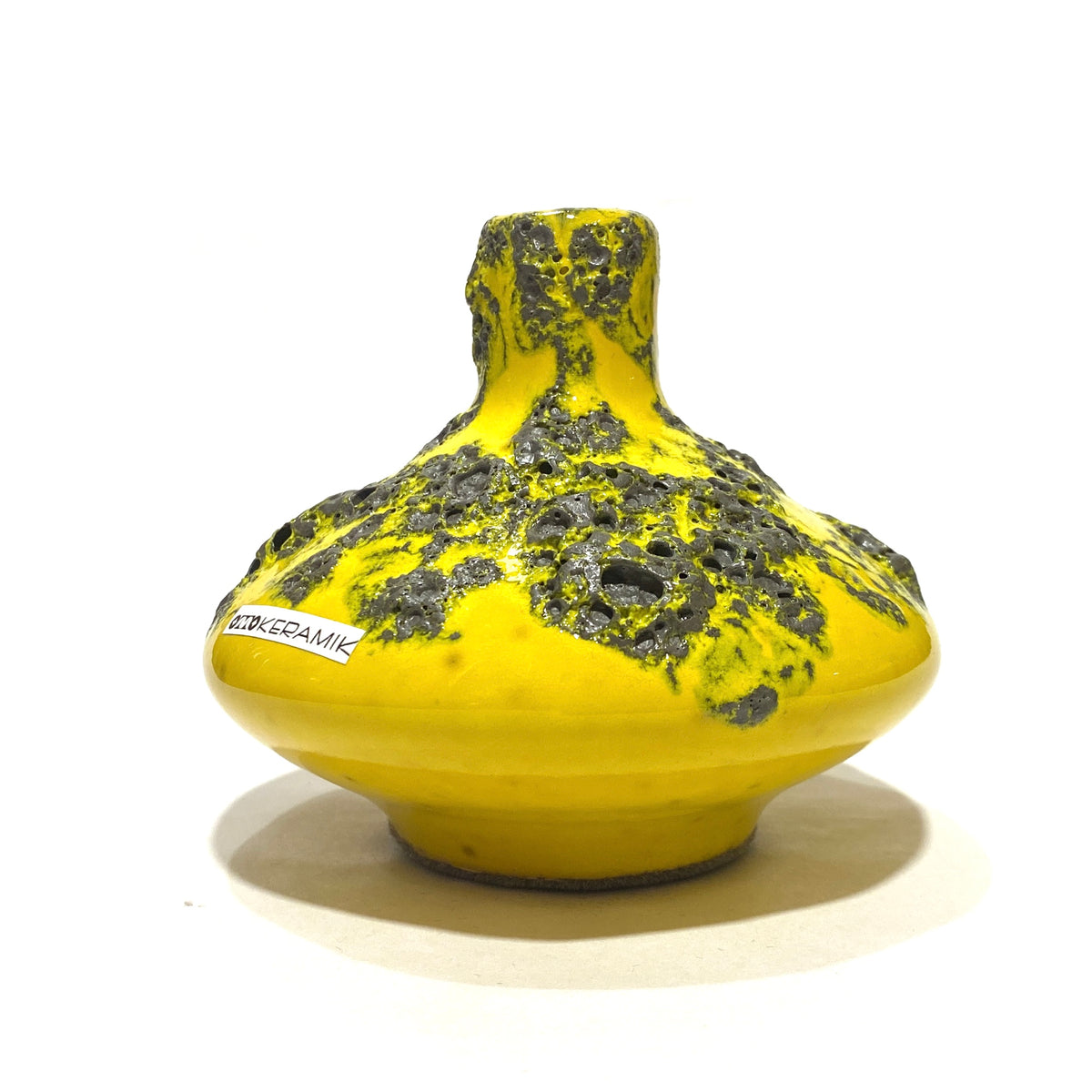 Otto Keramik 206s Ceramic Vase in a vibrant yellow glaze with grey fat lava, shown on a white background