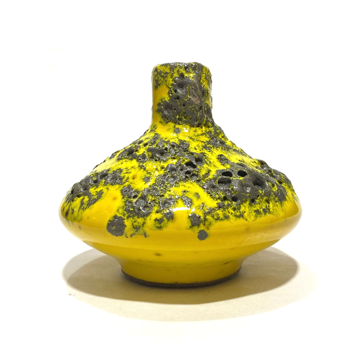 Compact Otto Keramik 206s Vase in a vibrant yellow glaze with grey fat lava, shown on a white background