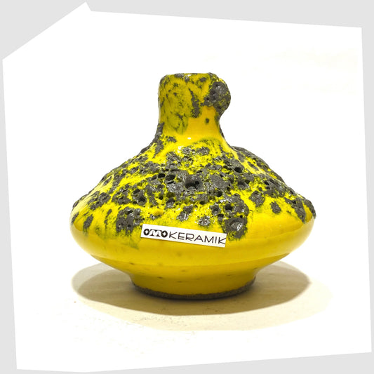 Otto Keramik 206s Vase in yellow fat lava glaze with original sticker attached, shown on a white background