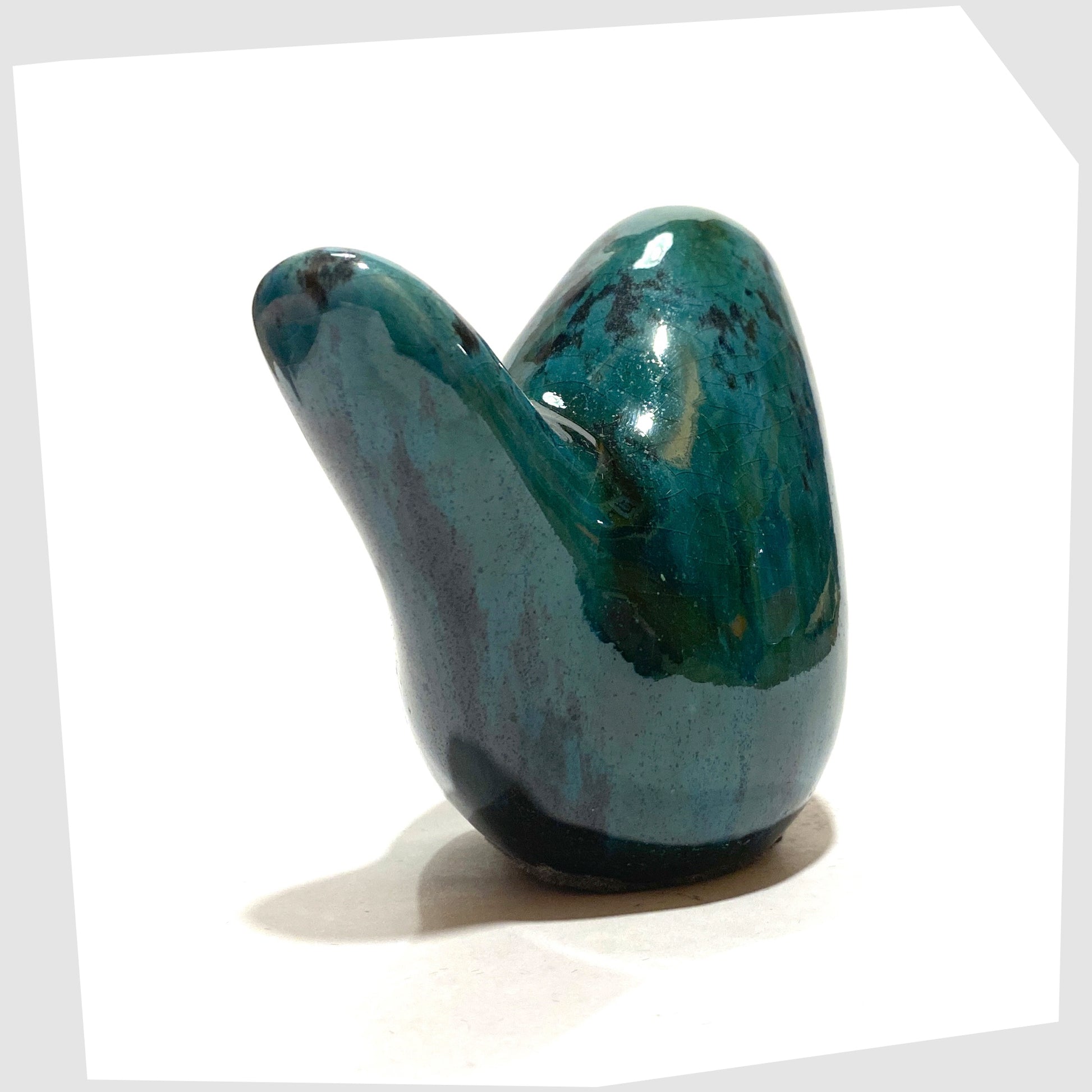 otto keramik Ecuador bird, tail view, of teal and black glaze