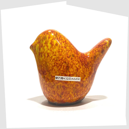 otto keramik ceramic bird in fire glaze of red, orange and yellow speckles