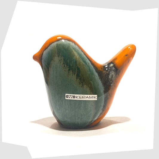 Otto Keramik Ceramic Bird in Peru glaze of orange with sea green drip glaze, shown on a white background