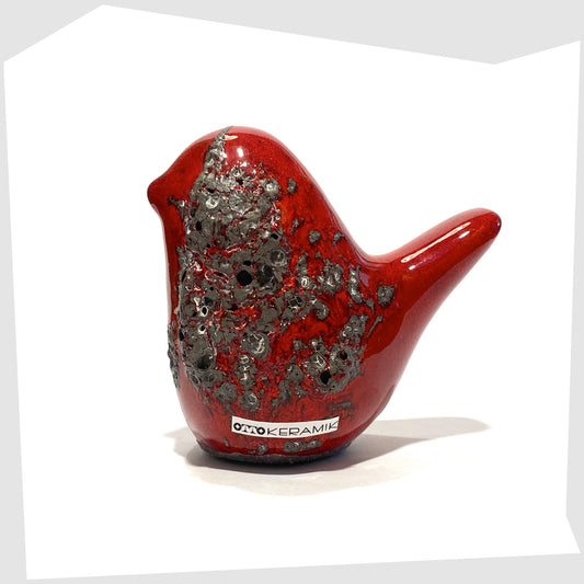 otto keramik ceramic bird in red with grey fat lava glaze shown on a white background