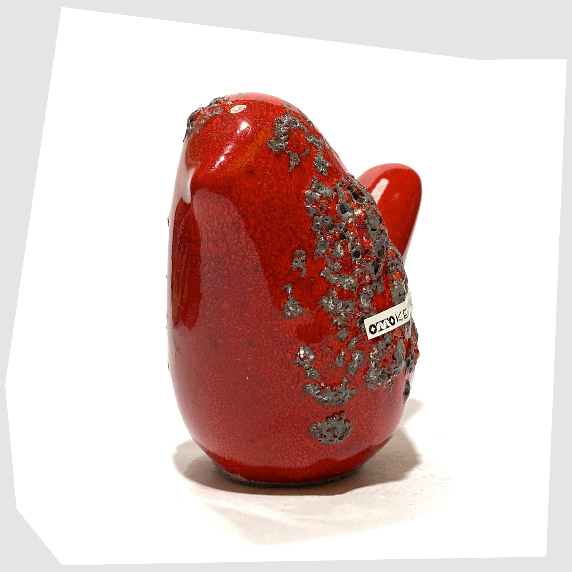 otto keramik ceramic bird figurine in red with grey fat lava glaze.