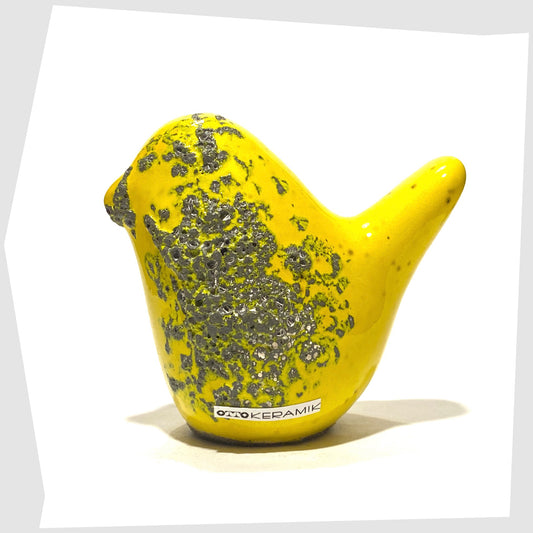 otto keramik bird sculpture in yellow with grey fat lava glaze