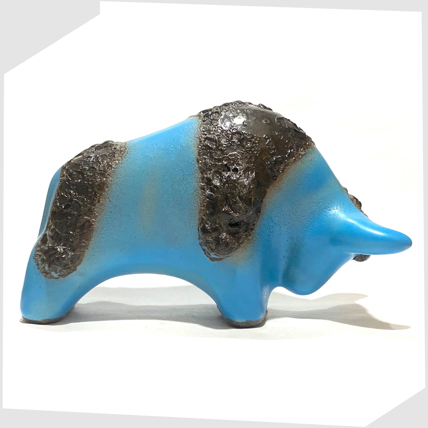 otto keramik bull in light blue glaze with striped of deep fat lava glaze