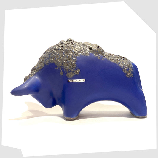 otto keramik ceramic bull ornament in matte blue glaze with grey fat lava along the spine