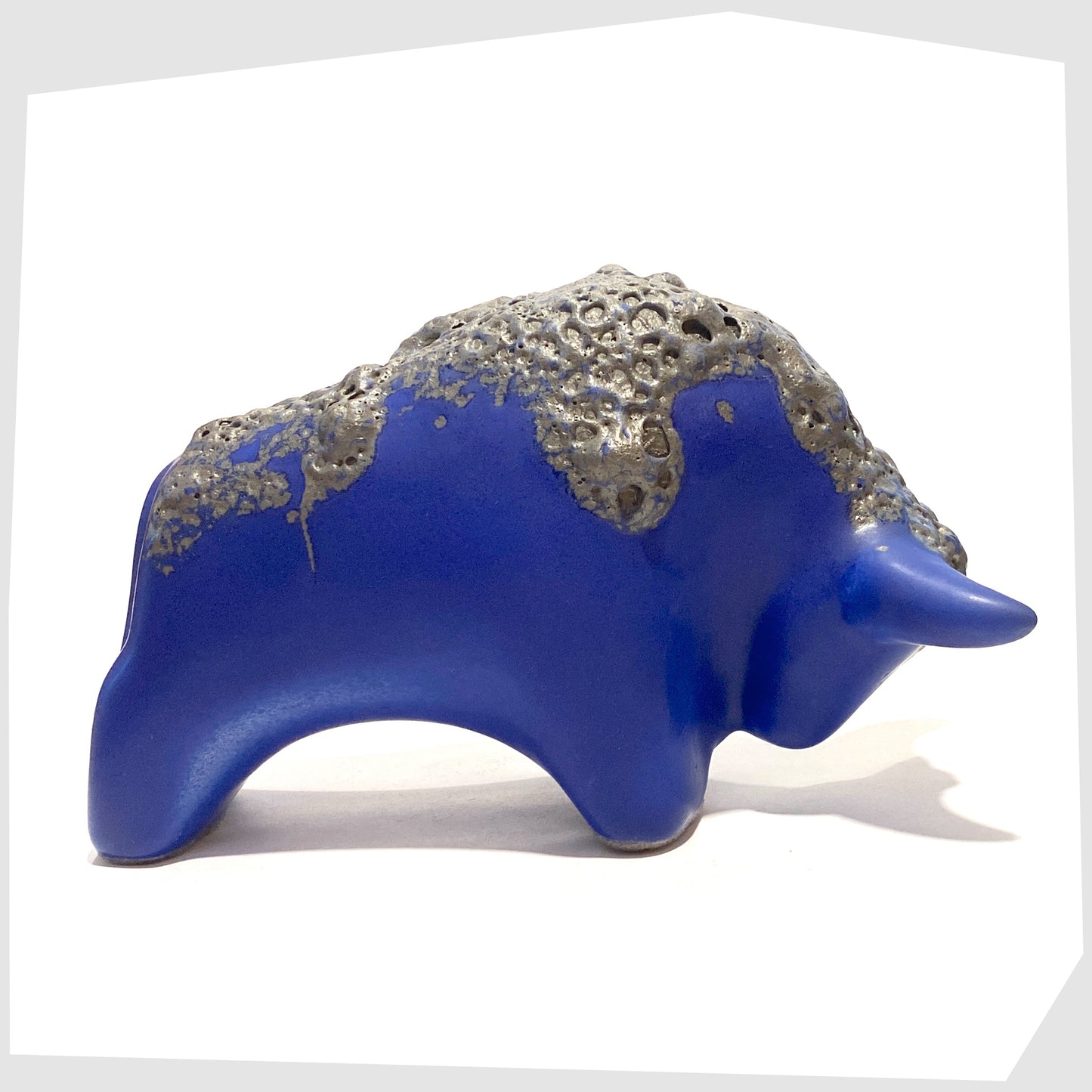 otto keramik ceramic bull ornament in matte blue with grey fat lava glaze