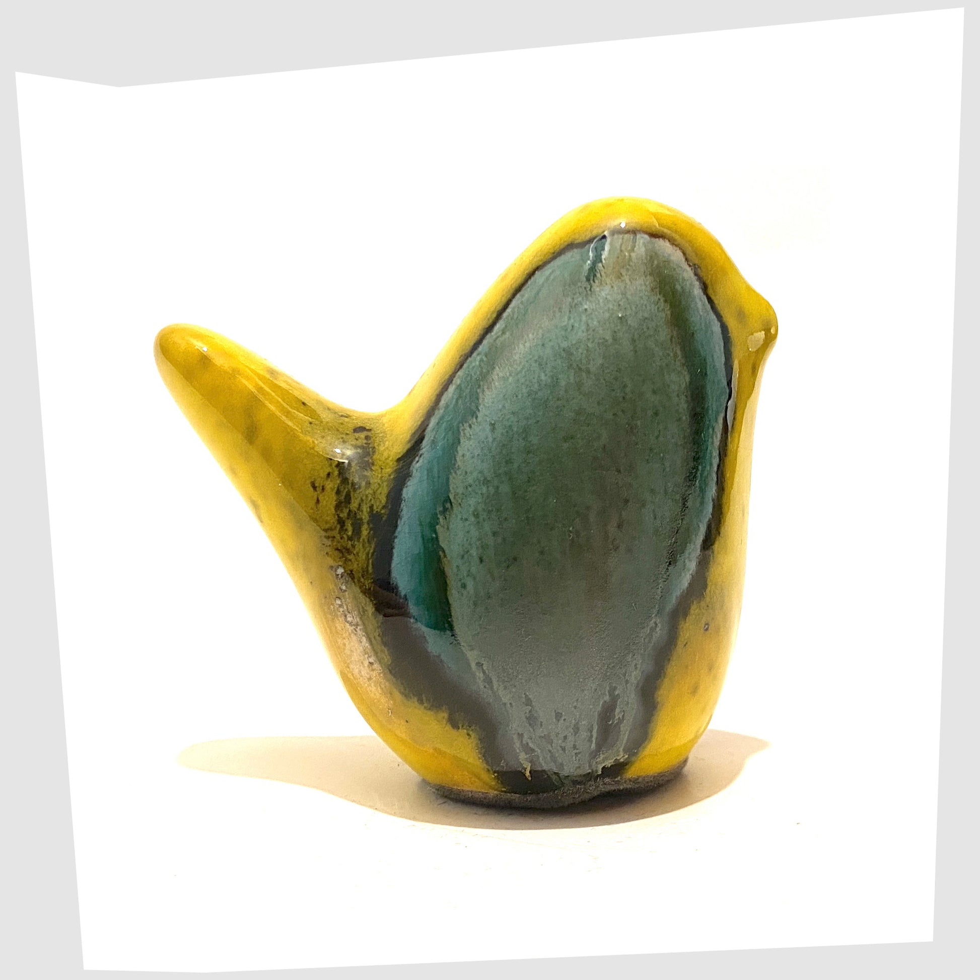 otto keramik brazil bird in yellow and sea green drip glaze