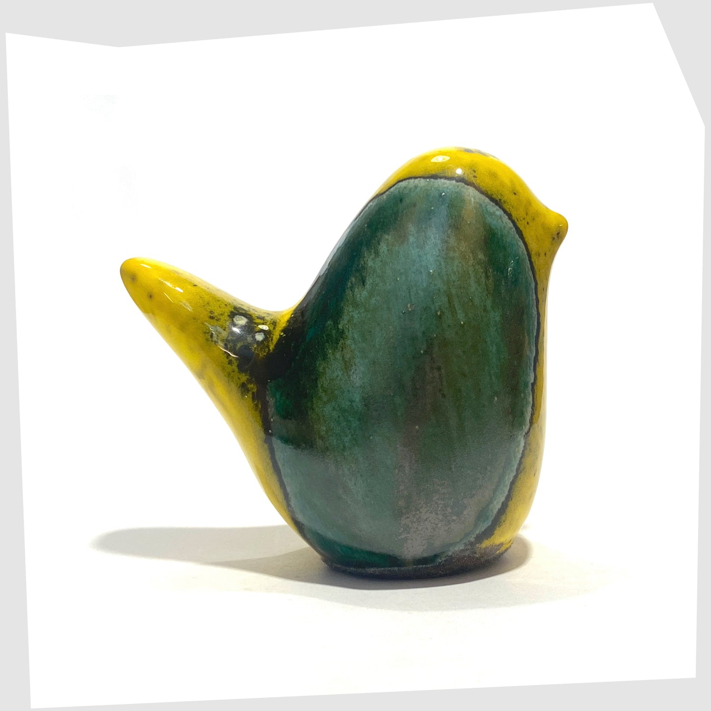 otto keramik ceramic bird ornament in brazil glaze of yellow and sea green drip glazing