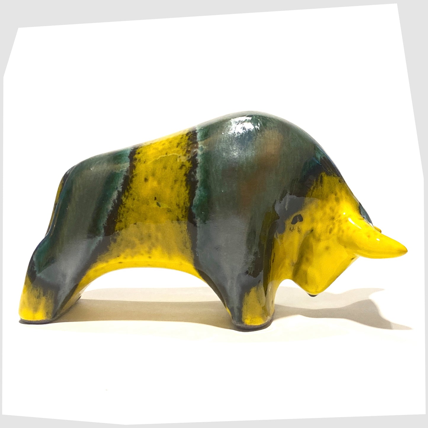 otto keramik bull ornament in brazil glaze of yellow and sea green glaze