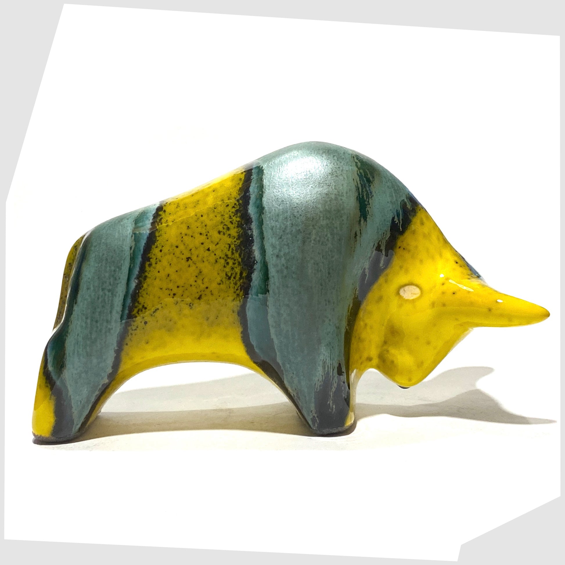 otto keramik bull ornament in brazil glaze of yellow and sea green glaze