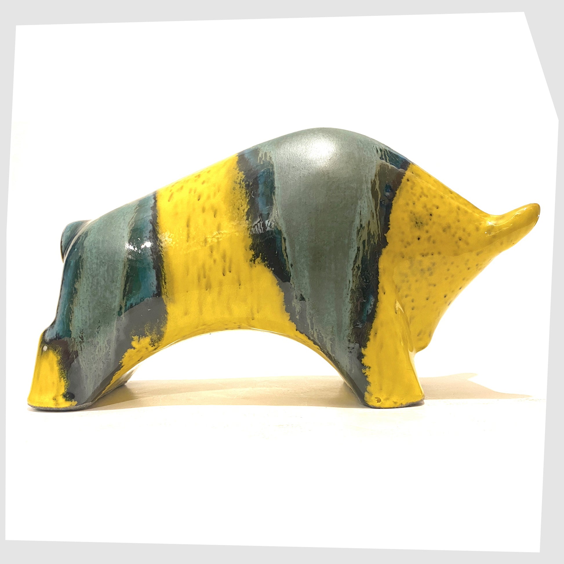 otto-keramik-large-bull-in-yellow-and-sea-green-brazil-drip-glaze