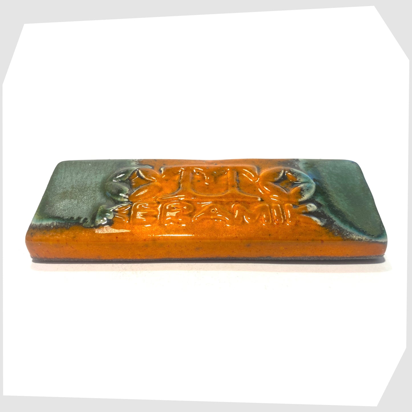 otto keramik display tile in orange and sea green striped glaze