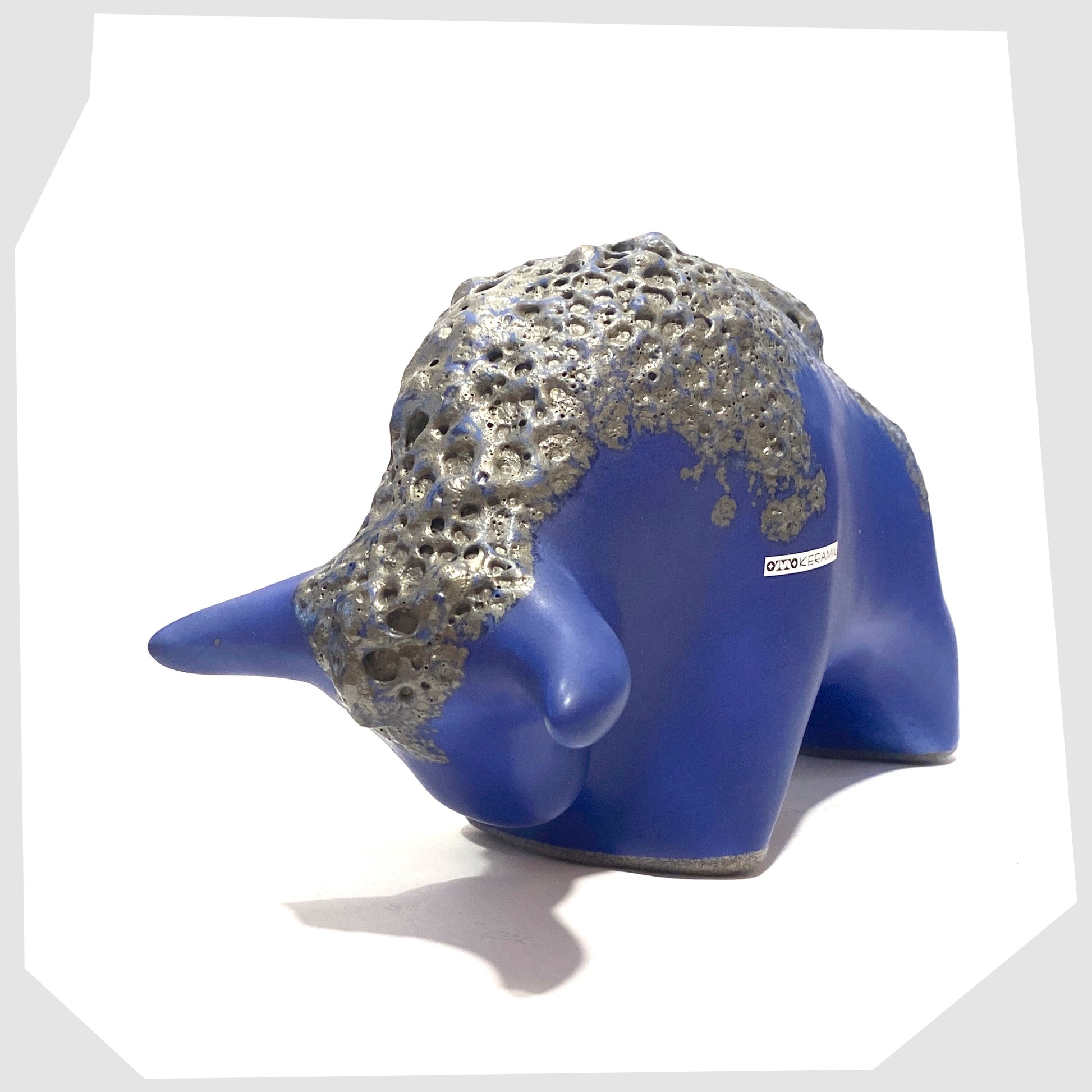 otto keramik ceramic bull ornament in matte blue glaze with grey fat lava