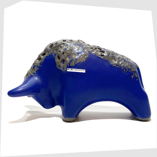 Otto Keramik bull in blue glaze with deep textured fat lava glaze along the spine