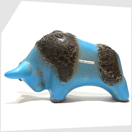 otto keramik bull in light blue glaze with striped of deep fat lava glaze