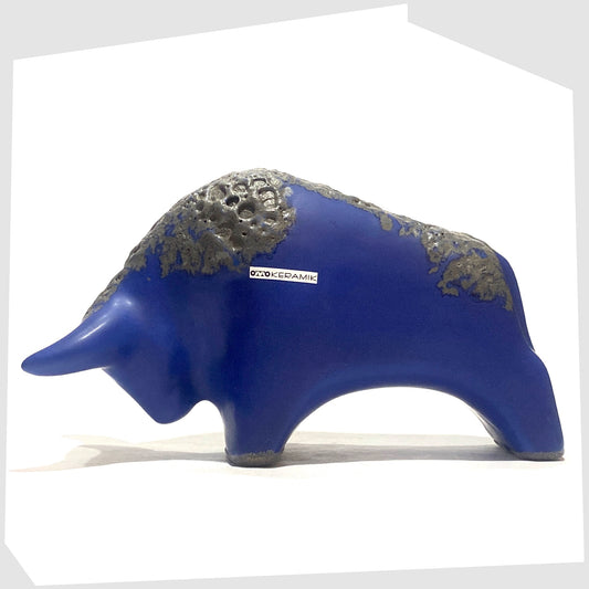 Otto Keramik Bull-shaped ceramic ornament in blue with grey fat lava glaze, shown on a white background