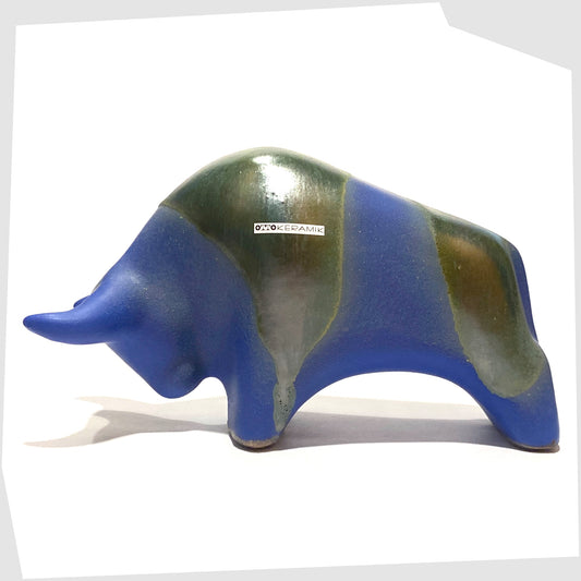otto keramik ceramic bull in matte blue glaze with sea green drip glaze