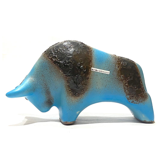 otto keramik bull in light blue glaze with striped of deep fat lava glaze