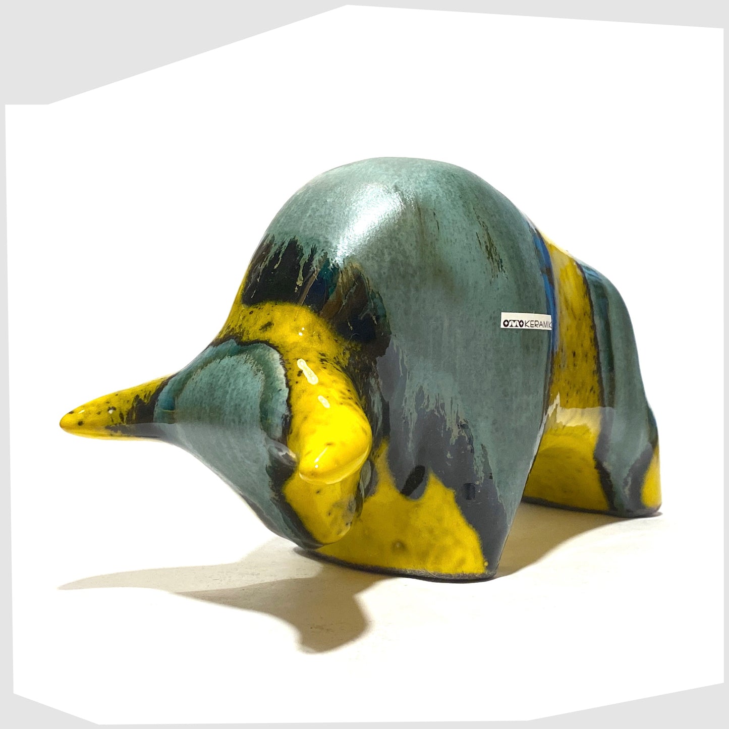 yellow and sea green glazed ceramic bull made by otto keramik, germany