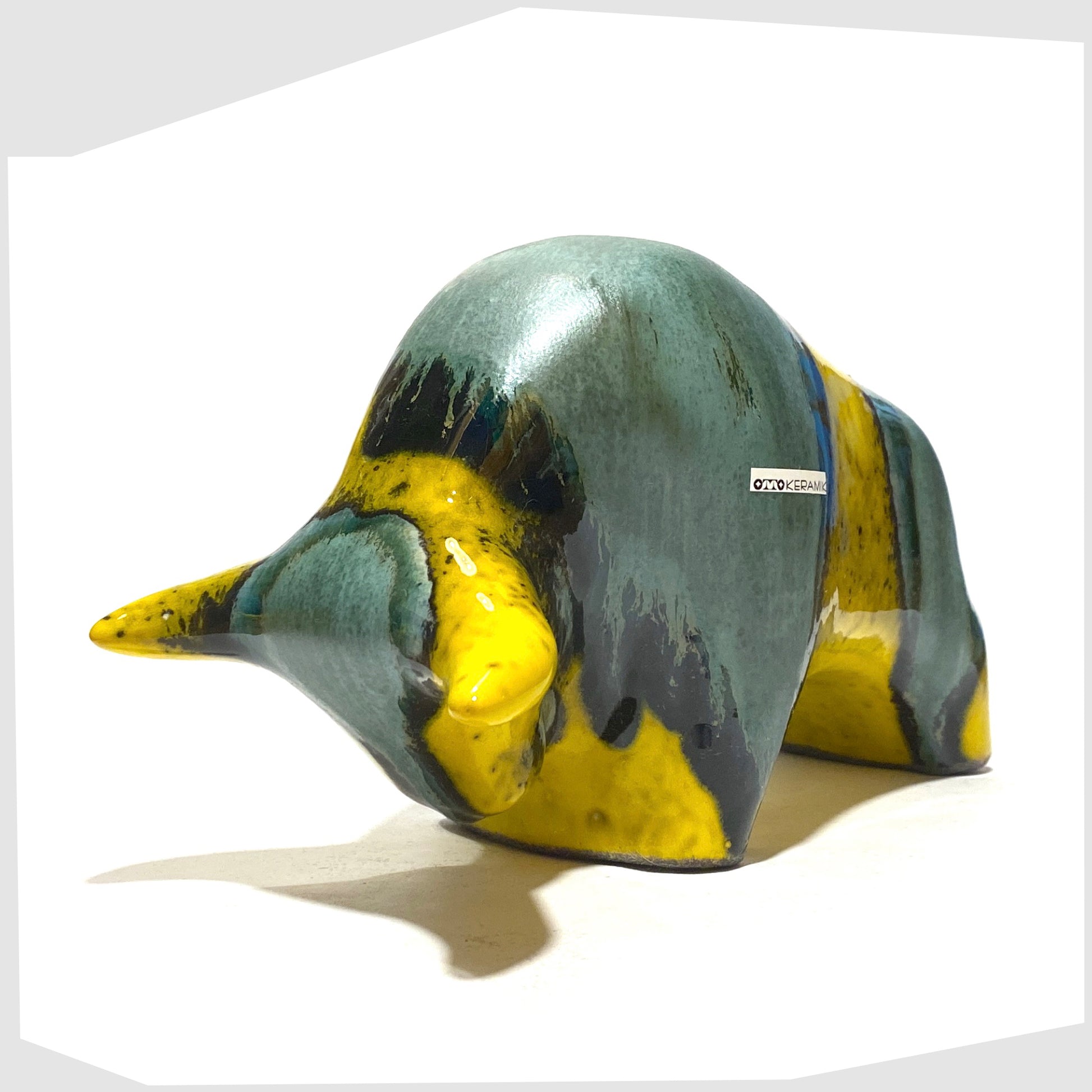 yellow and sea green glazed ceramic bull made by otto keramik, germany