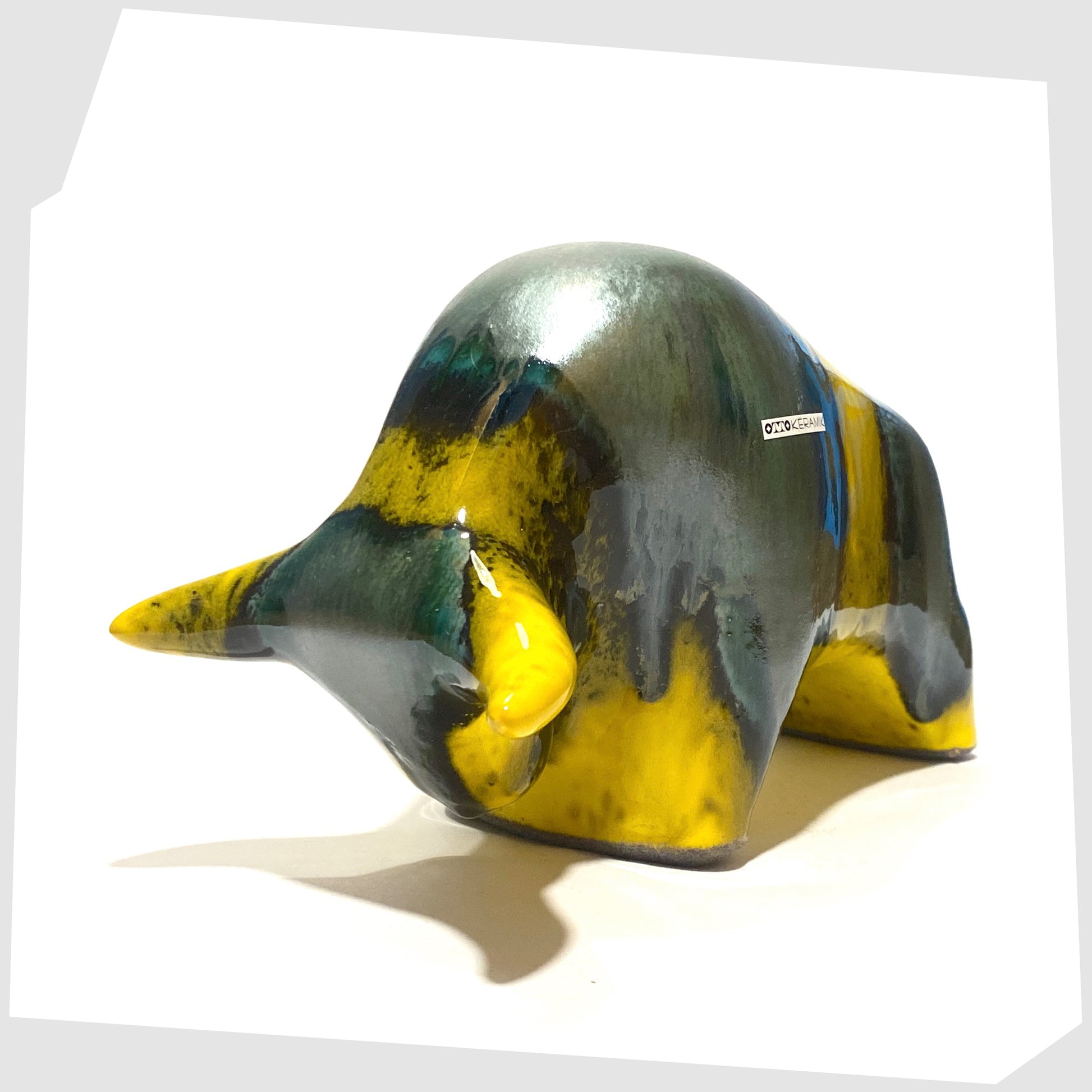 yellow and sea green glazed ceramic bull made by otto keramik, germany