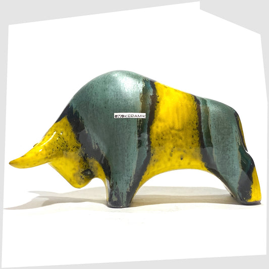 Otto Keramik Ceramic Bull in Brazil Glaze of yellow and sea green stripes, shown on a white background