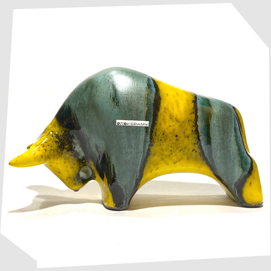 otto keramik ceramic bull in yellow and green brazil glaze