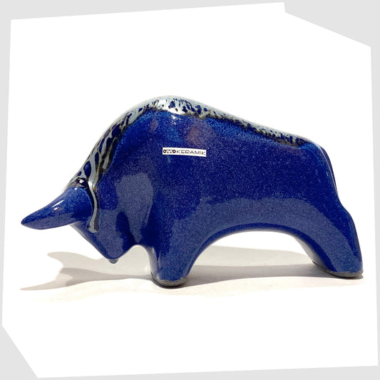 otto keramik ceramic bull in a dark blue metallic with silver bambas glaze along the spine
