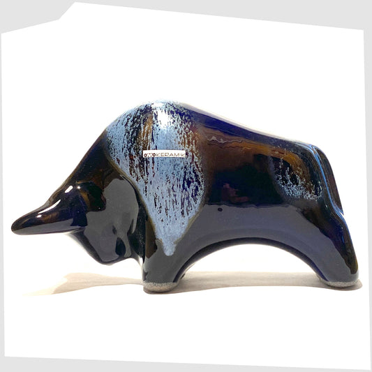 otto keramik ceramic bull in dark blue gloss with bands of sky blue drip glaze