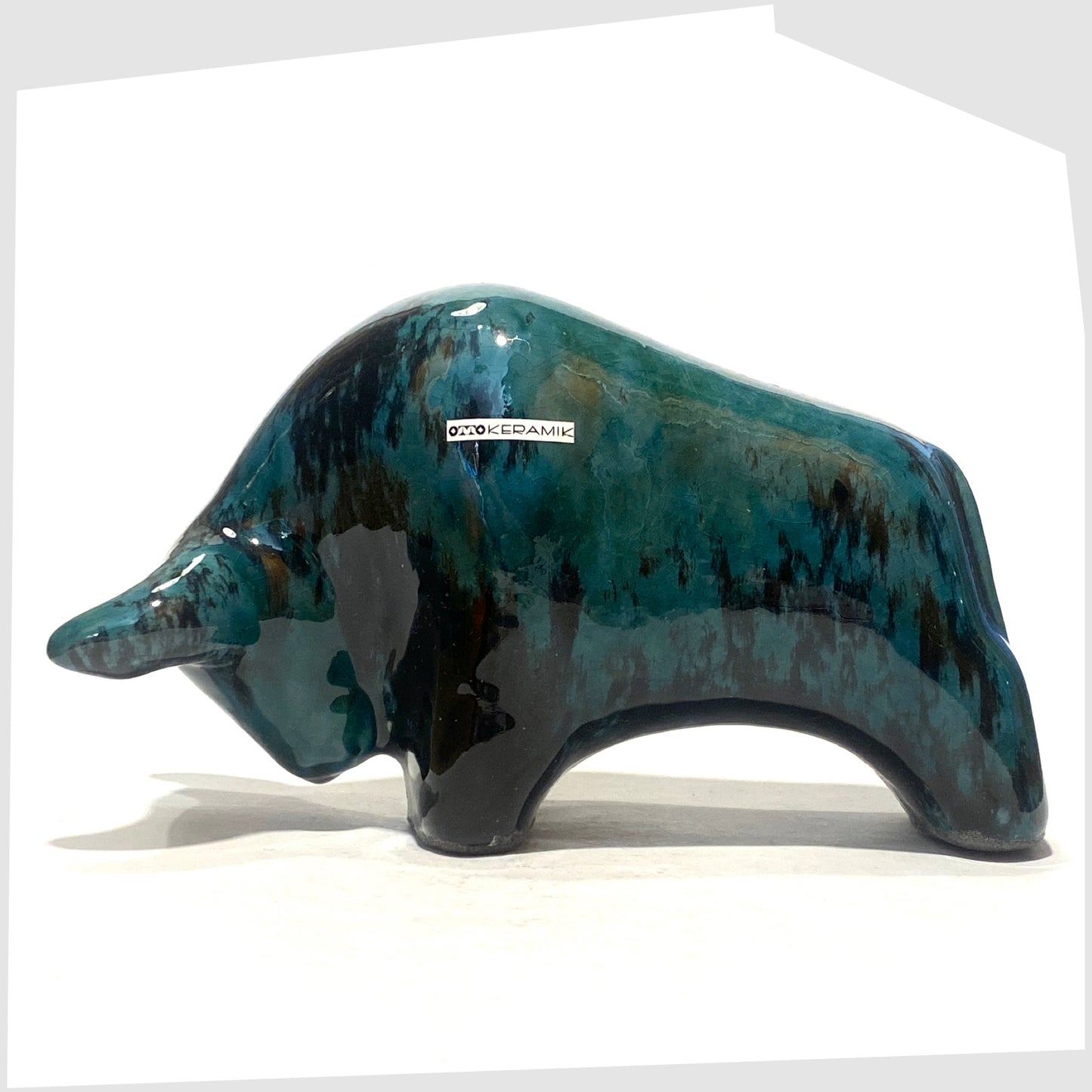 otto keramik ceramic bull in ecuador glaze of teal greens and black glazing