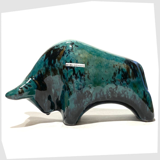 otto keramik ceramic bull in ecuador glaze of teal greens and black glazing