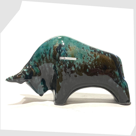 otto keramik ceramic bull in ecuador glaze of teal greens and black glazing
