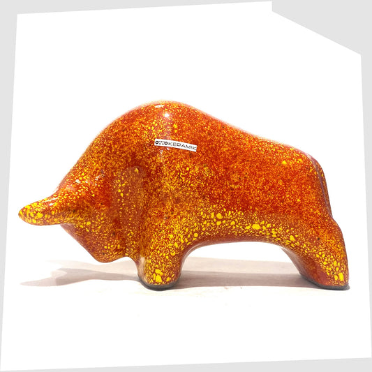 otto keramik ceramic bull in fire glaze of red, orange and yellow flecks