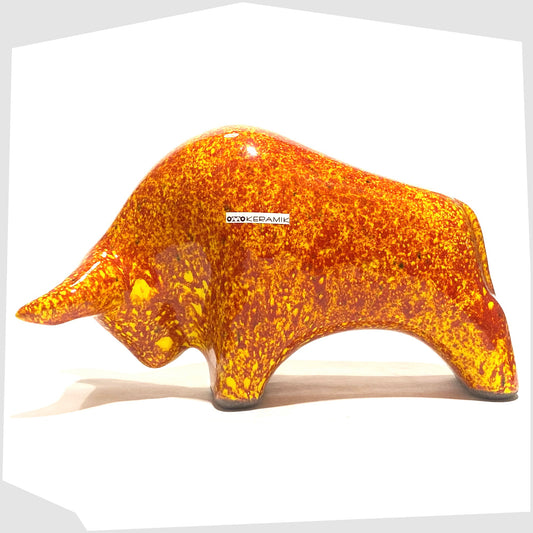 otto keramik ceramic bull in fire glaze of red, orange and yellow flecks