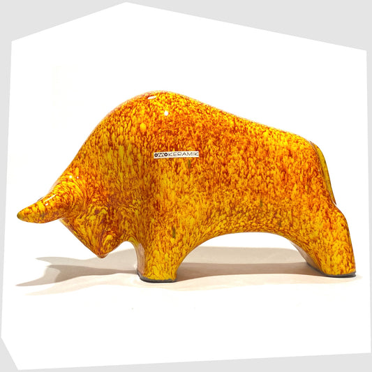 otto keramik bull in fire glaze of red, orange and yellow speckles