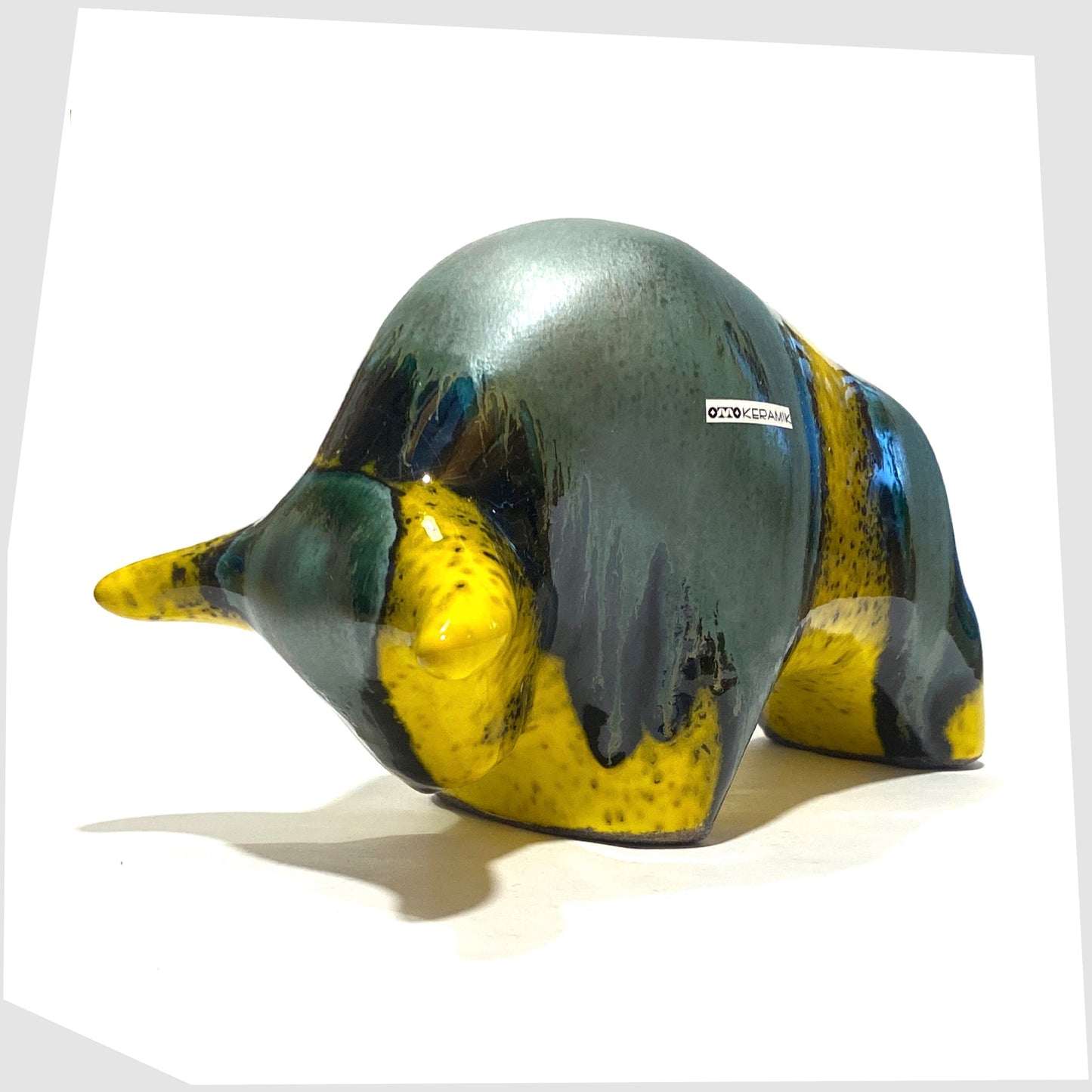 yellow and sea green glazed ceramic bull made by otto keramik, germany