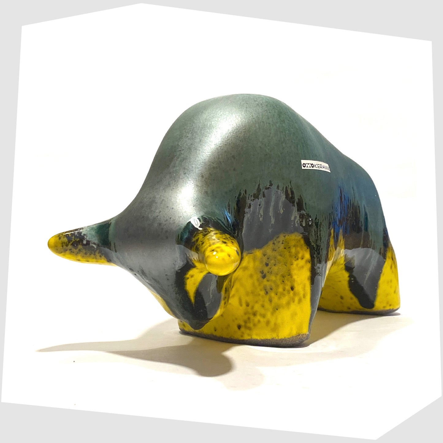 sea green and yellow glazed ceramic bull by otto keramik germany
