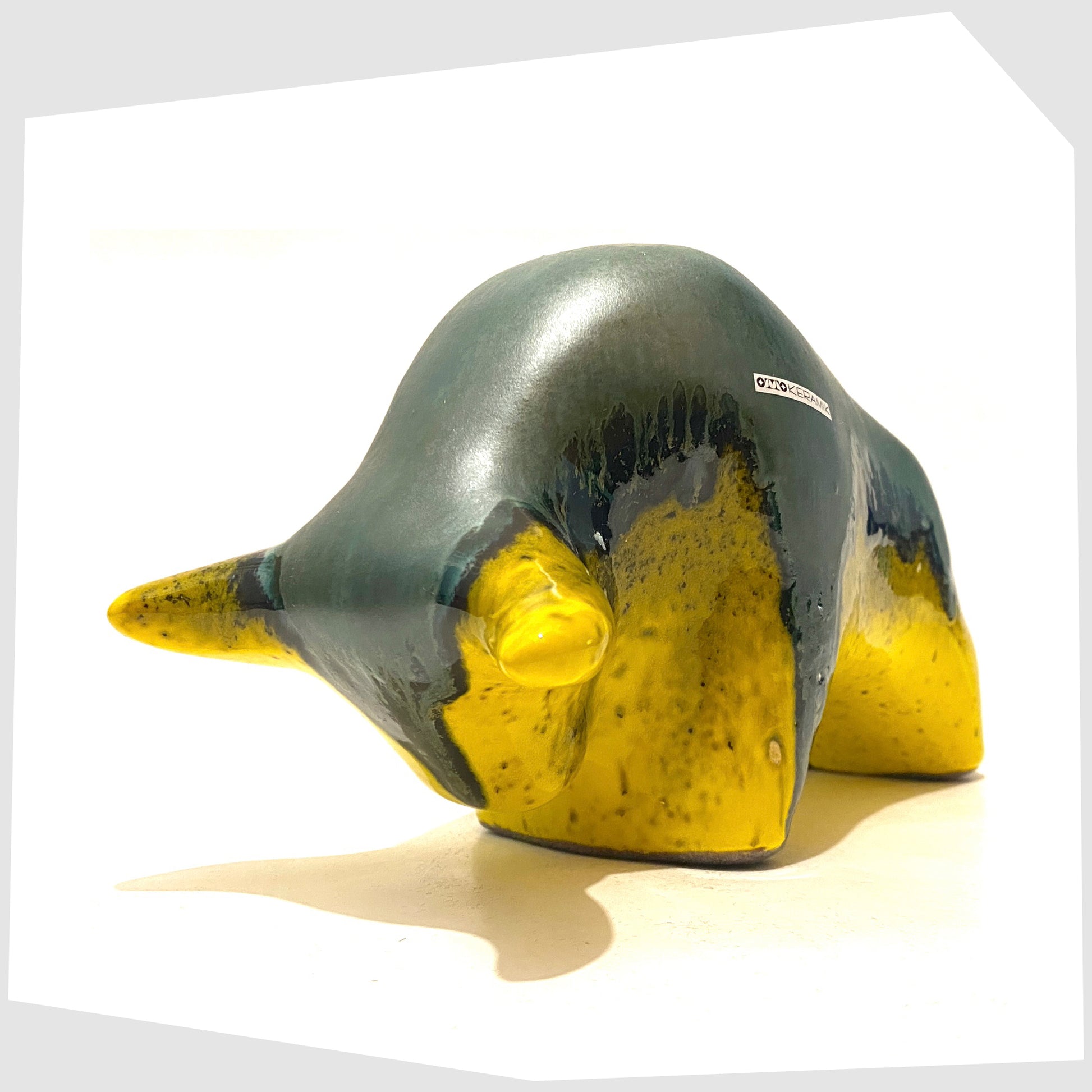 otto-keramik-ceramic-bull-in-sea-green-and-vibrant-yellow-drip-glazing