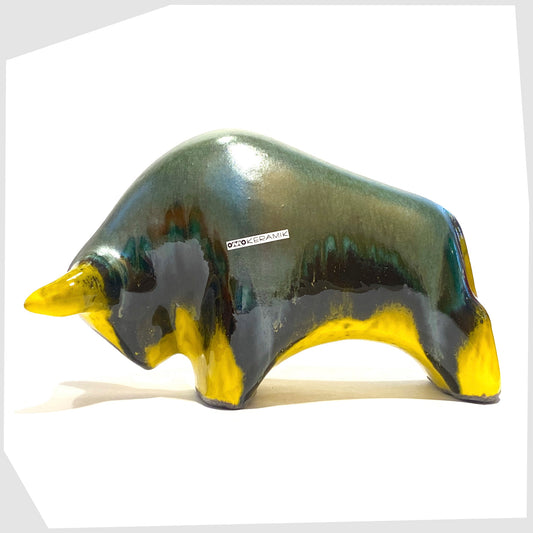 otto keramik ceramic bull in green over yellow drip glaze