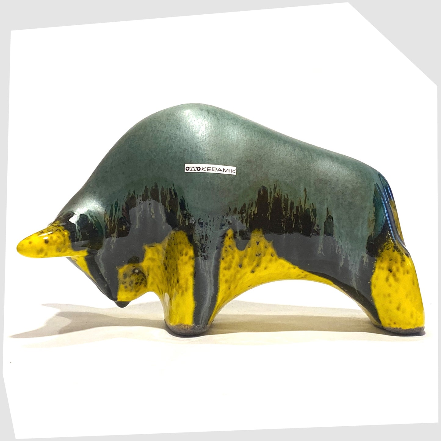 otto keramik ceramic bull in green over yellow drip glaze