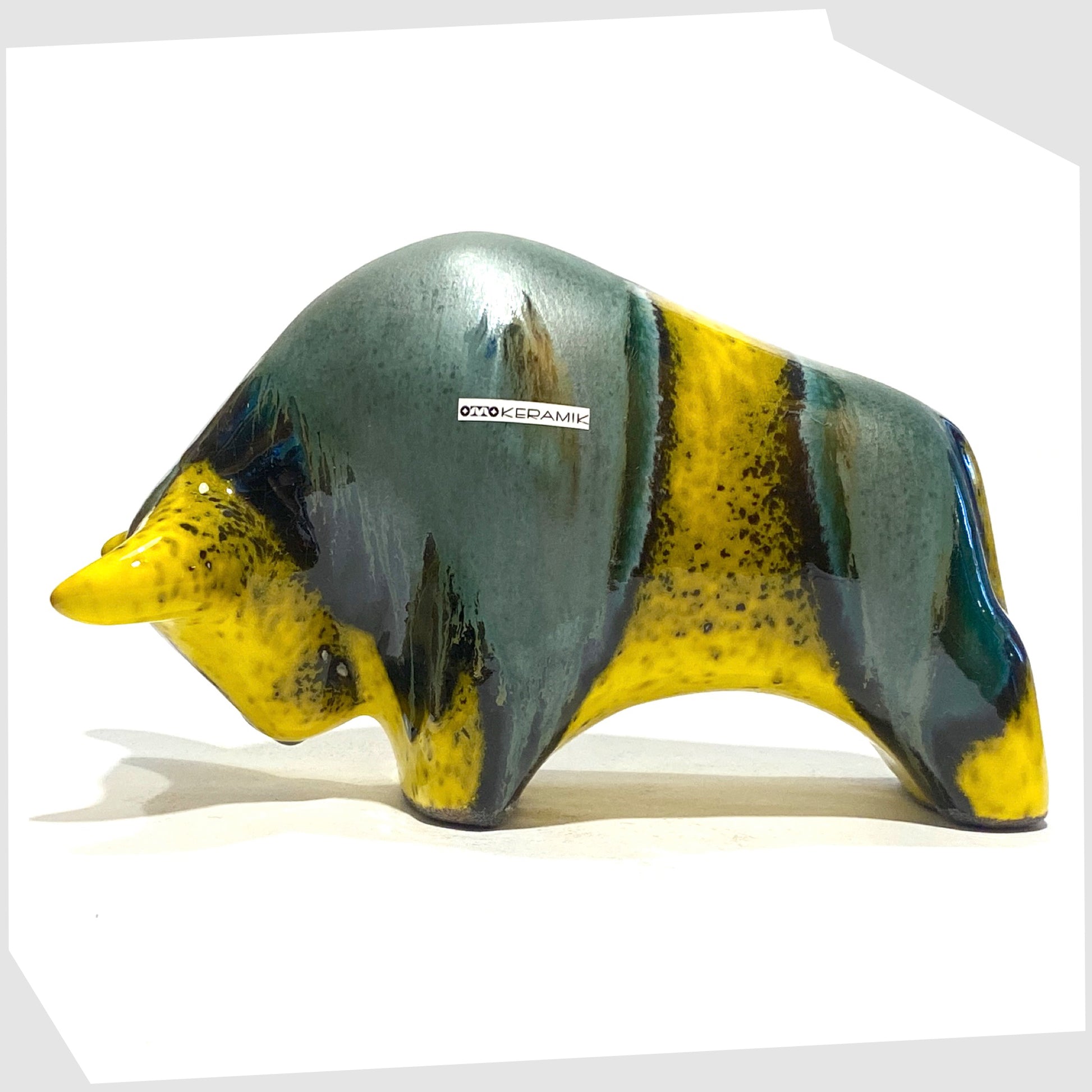 otto keramik ceramic bull in yellow and green brazil glaze