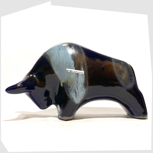 Otto Keramik Ceramic Bull in navy and blue Kreta glaze, shown on a white background
