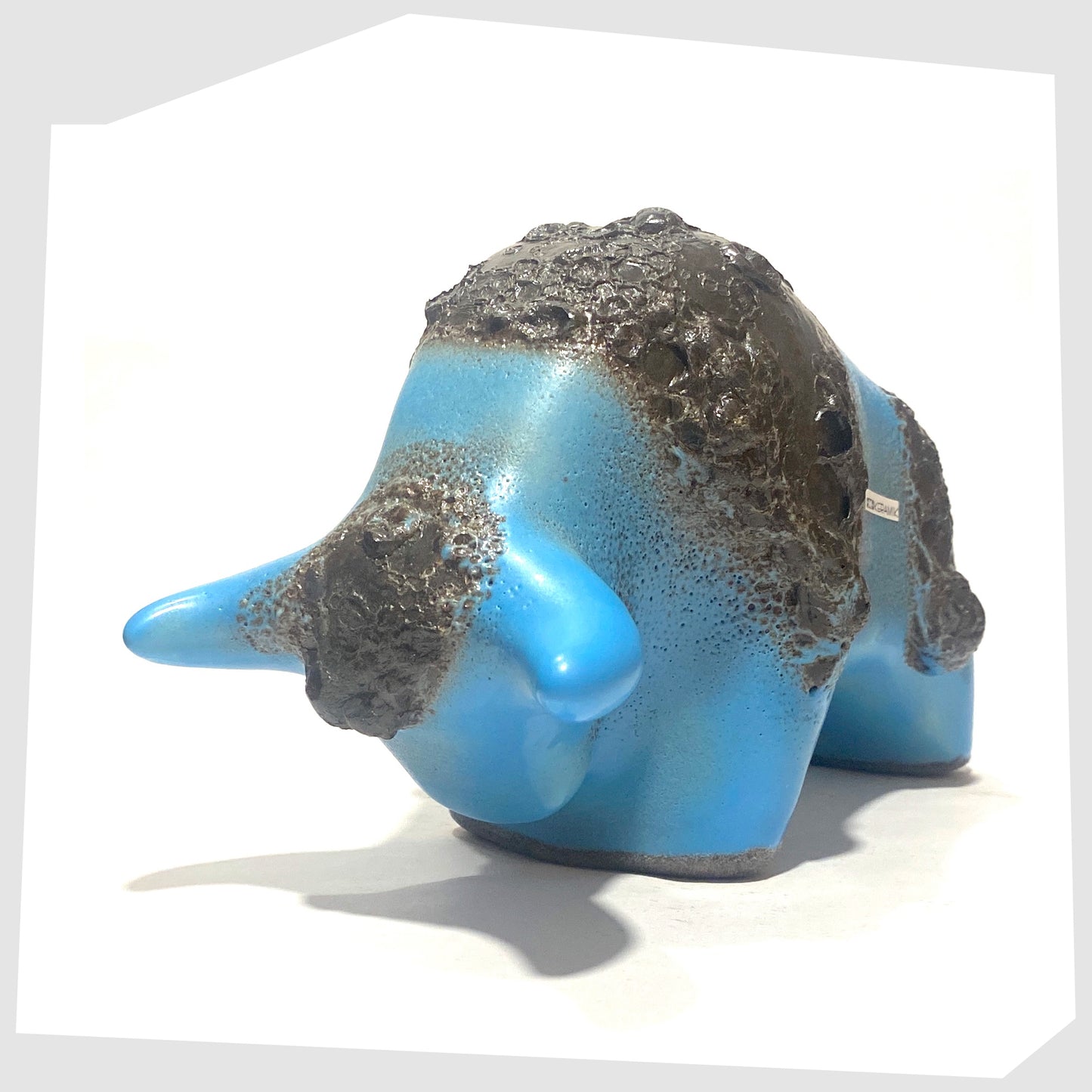 front horns of the otto keramik bull in light blue glaze with striped of deep fat lava glaze