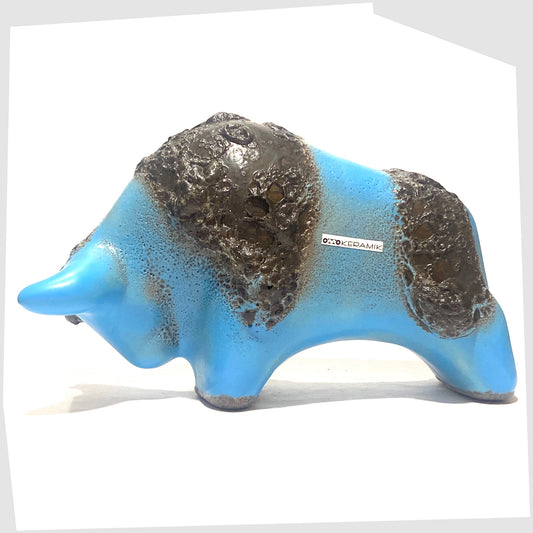otto keramik bull in light blue glaze with striped of deep fat lava glaze