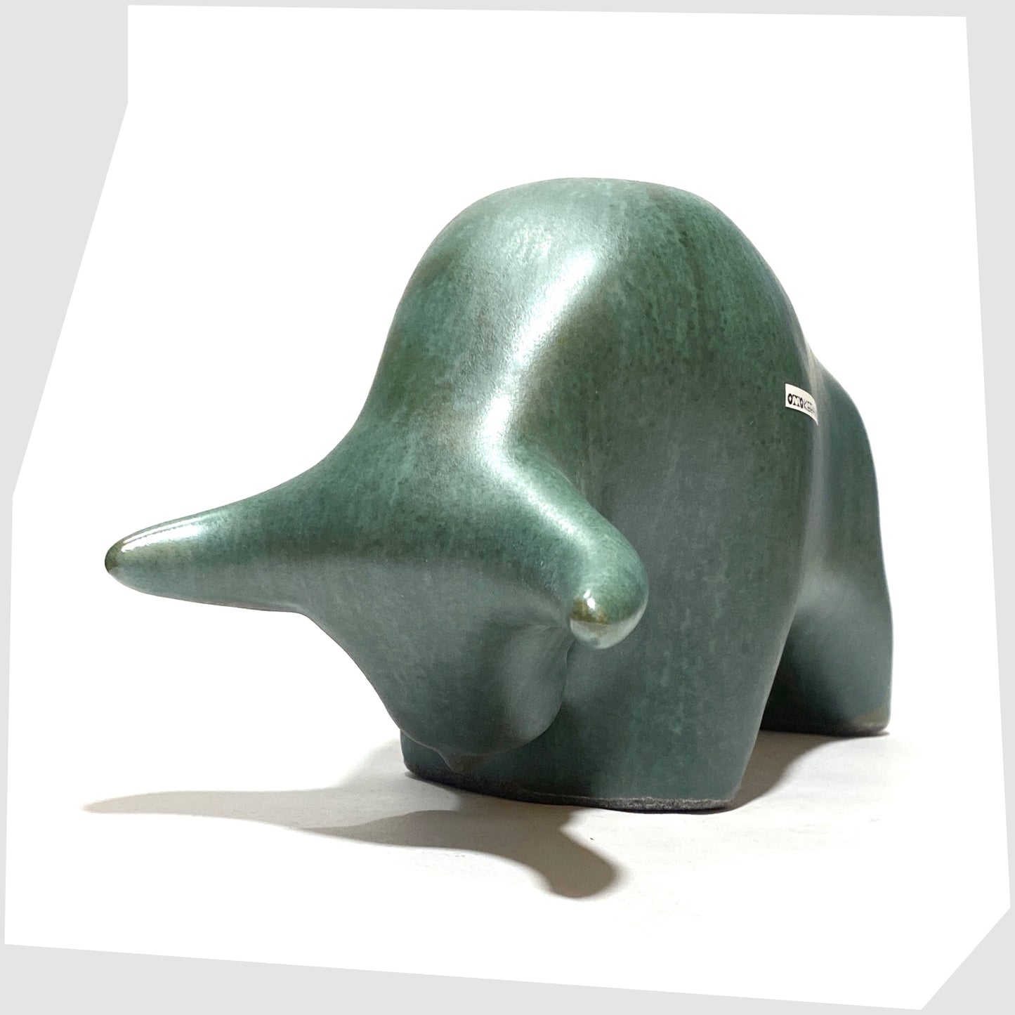 front of the Otto Keramik Malta Bull in a rich sea green glaze