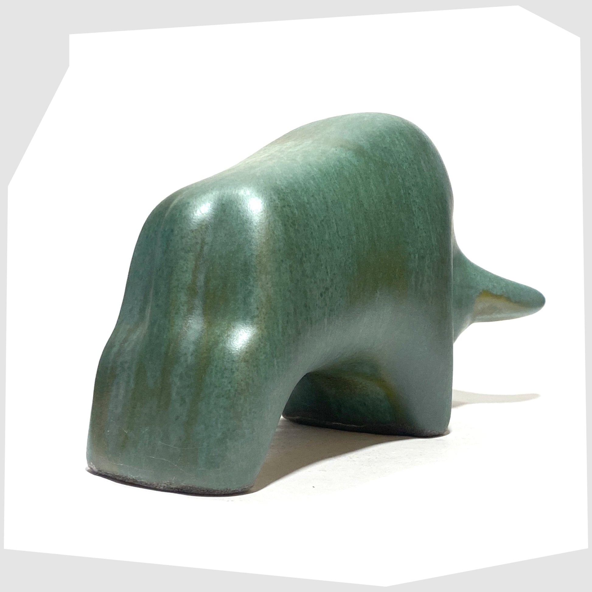 rear of the Otto Keramik ceramic bull in sea green Malta glaze