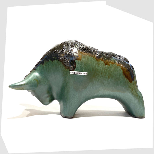 otto keramik ceramic bull sculpture in malta glaze of rich sea green with black fat lava