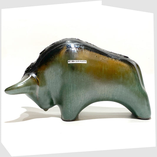 otto keramik ceramic bull sculpture in malta glaze of rich sea green with black fat lava